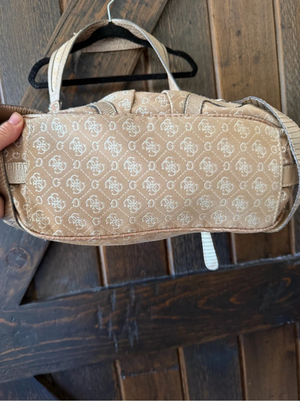 Vintage Guess Y2K Monogram Jacquard Shoulder Bag Beige Croc Buckle Purse Sleaze